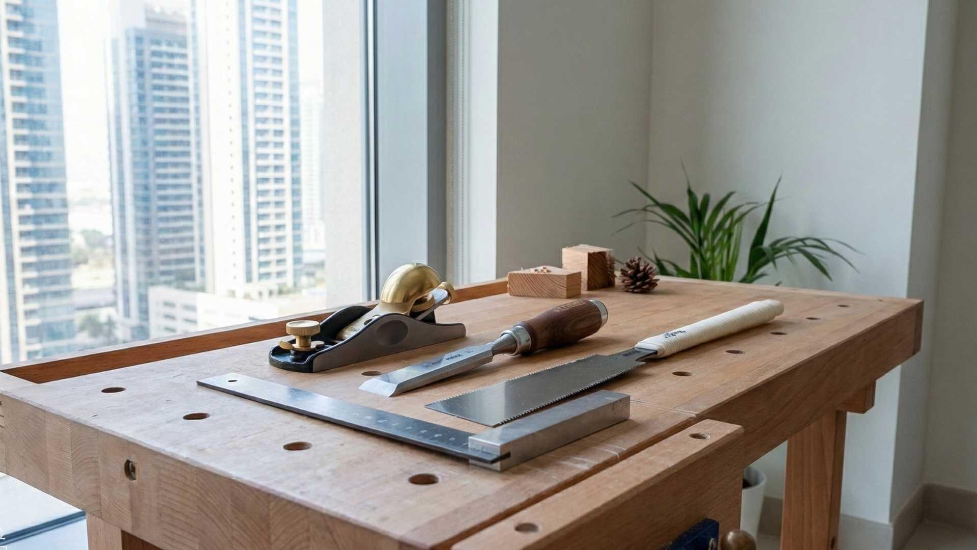 Woodworking bench near window with hand plane, chisel, dovetail saw, and square on wood surface