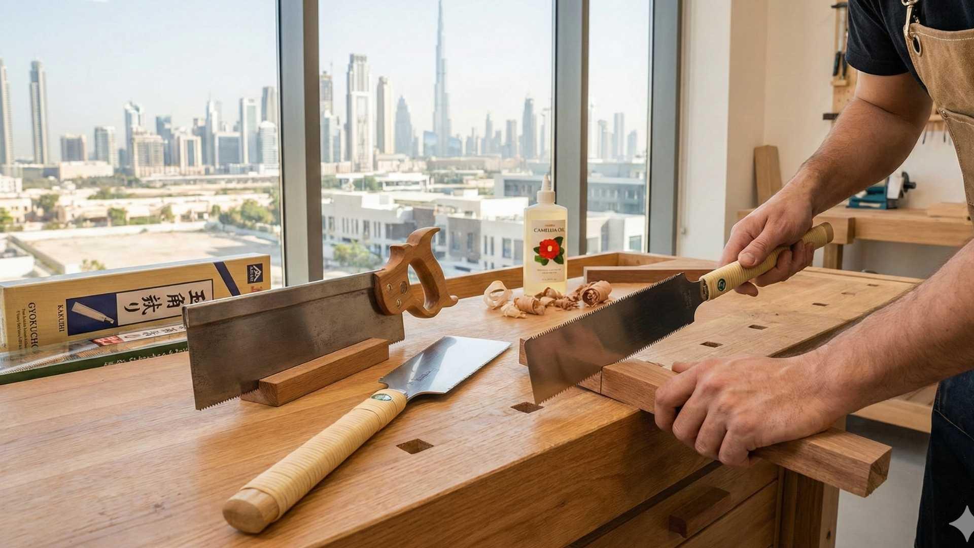 Woodworker using Japanese and Western saws on hardwood with Dubai city skyline view