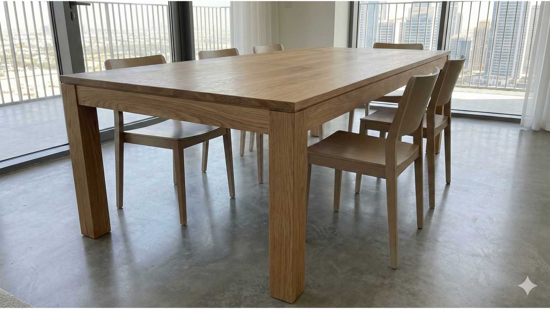 Solid white oak dining table with six matching chairs in a modern Dubai apartment with city skyline view