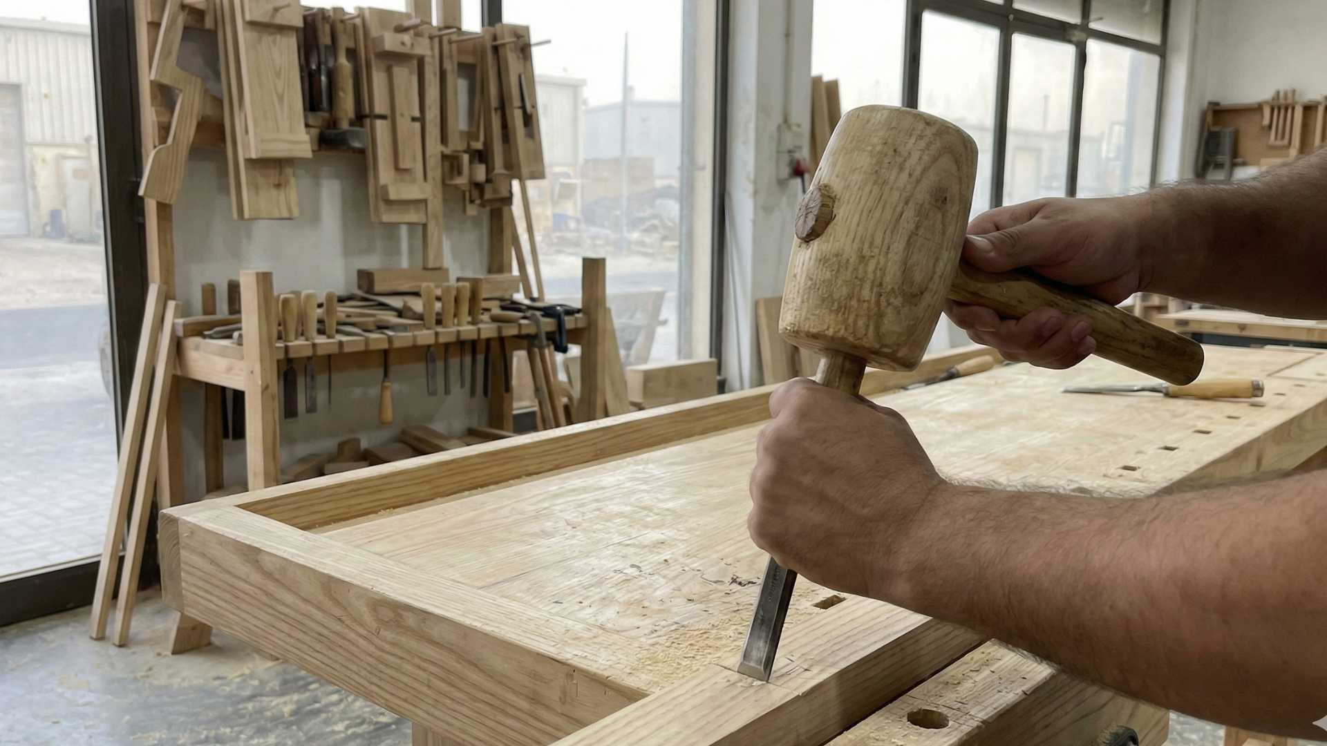 Hands using an ashwood mallet and chisel to carve intricate details on a wooden frame in a woodworking workshop