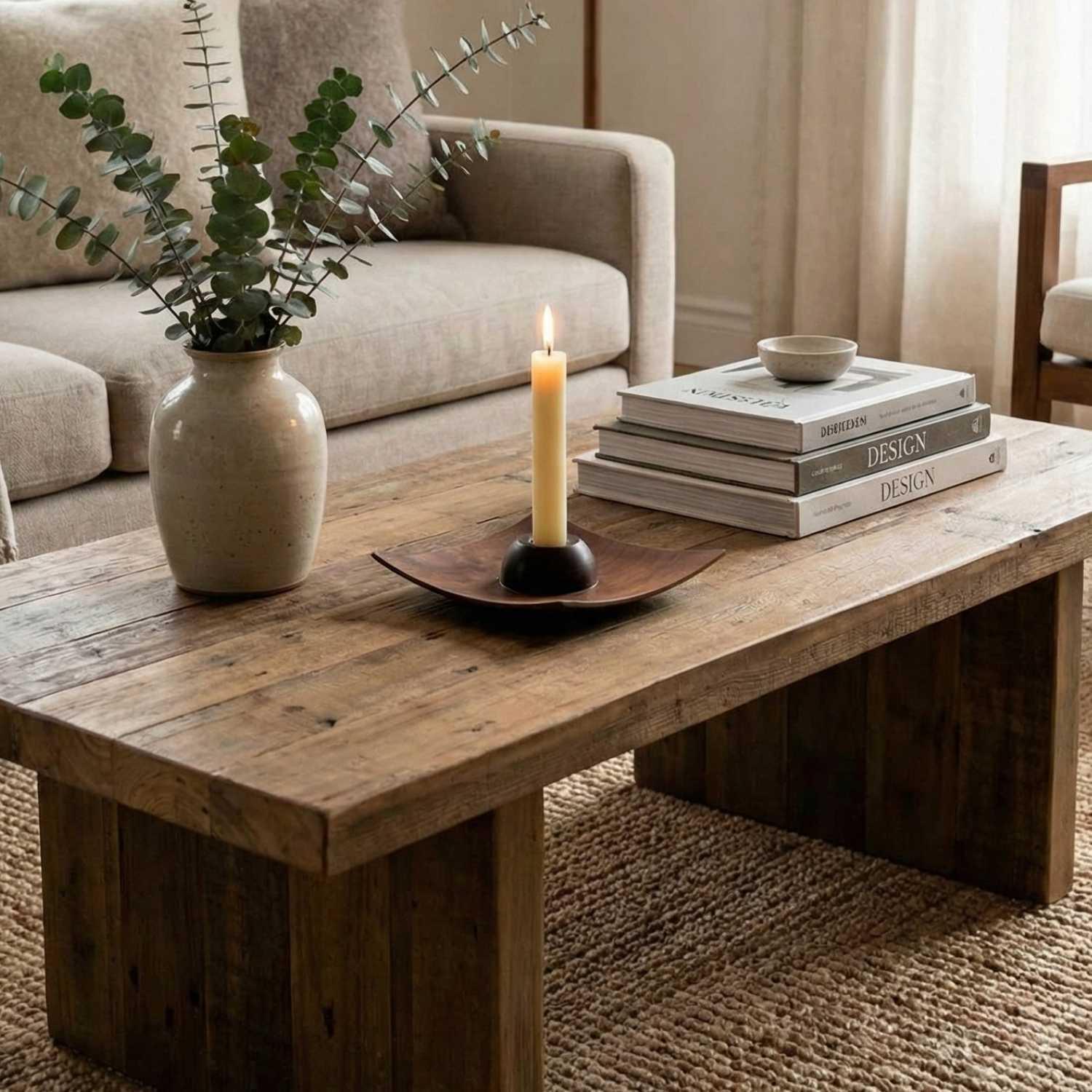 Wooden coffee table with lit slender candle in minimalist holder, ceramic vase with eucalyptus, and design books