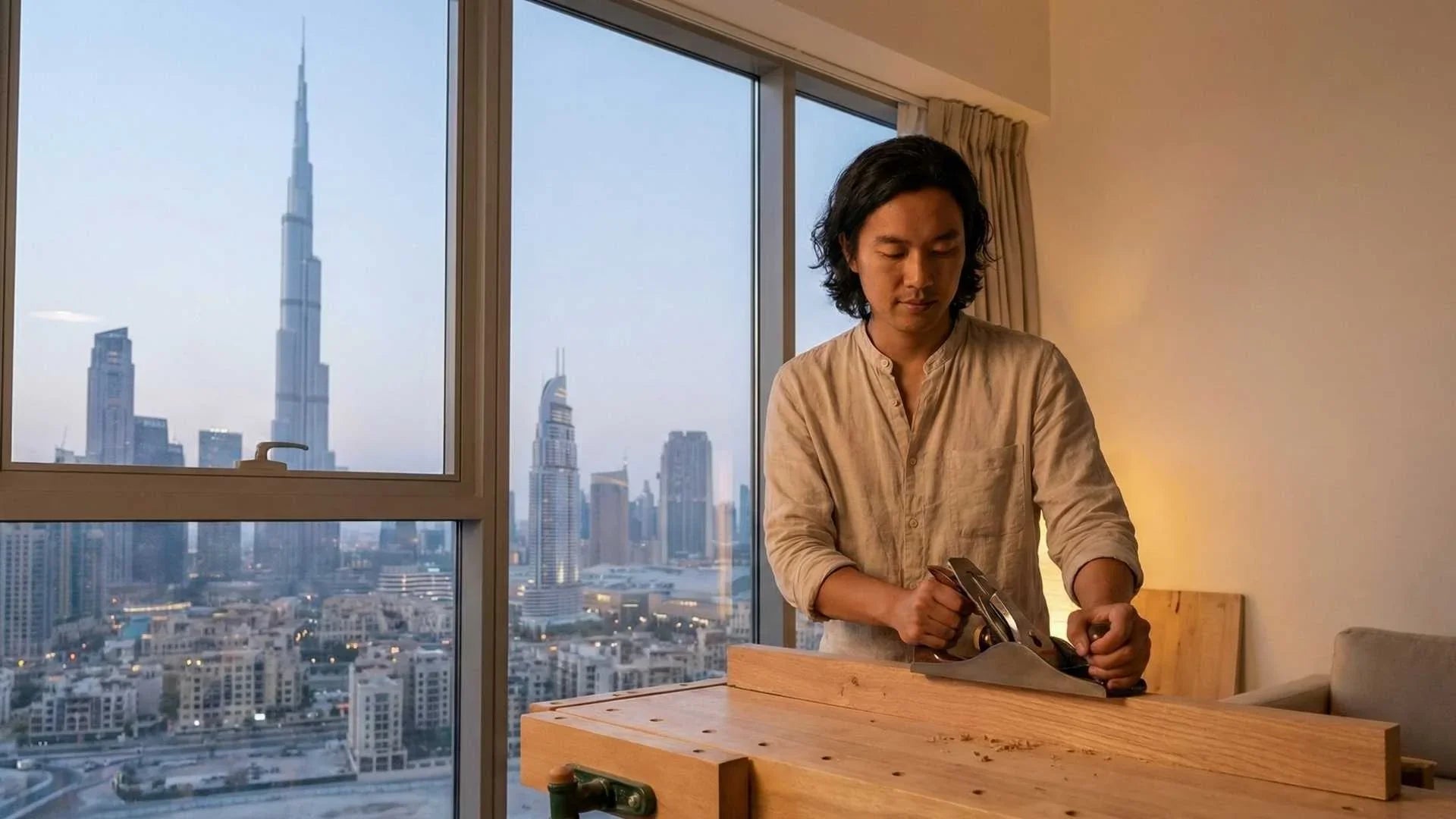 Man using woodworking plane on wood board in high-rise Dubai apartment with city skyline view