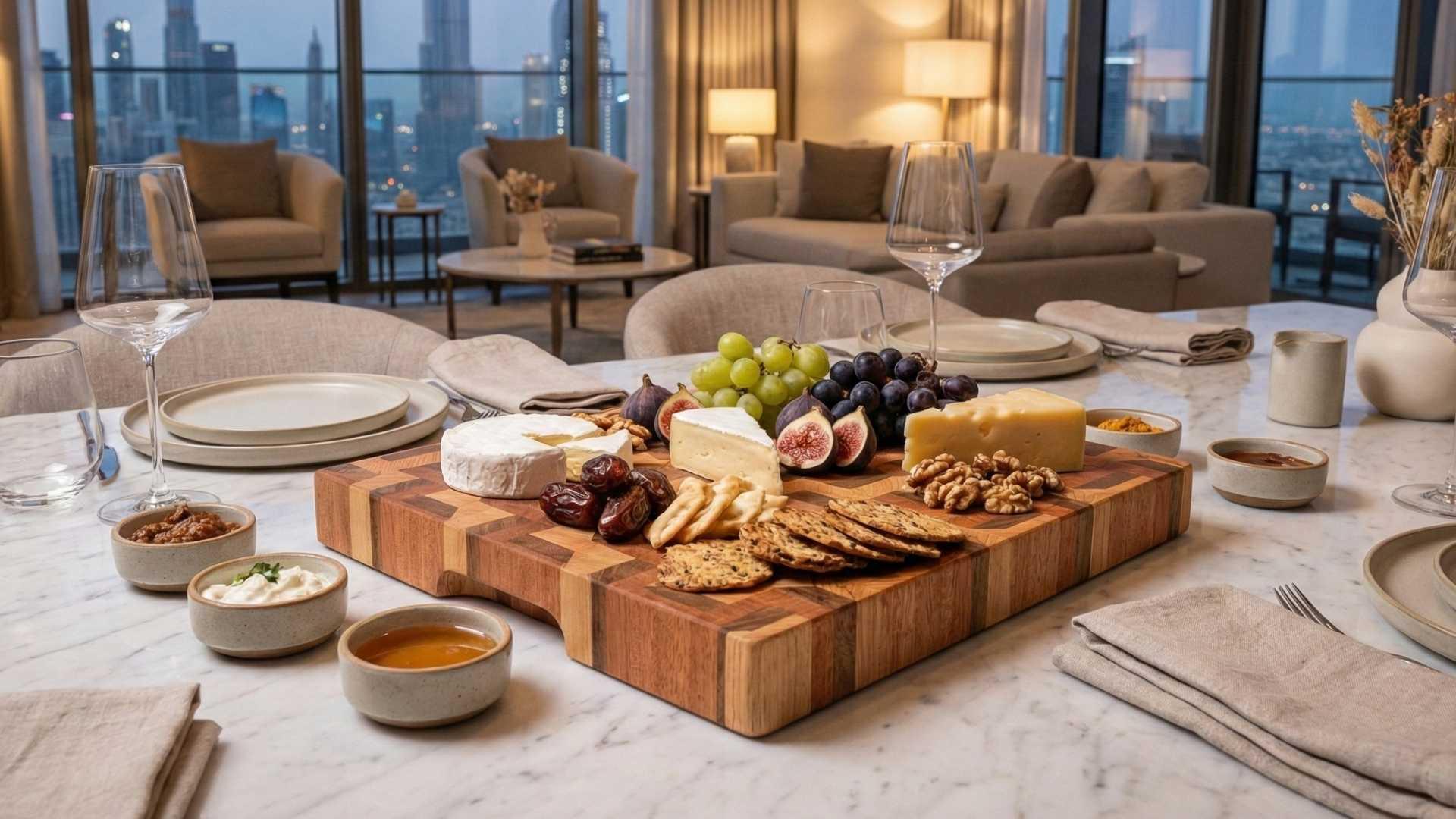 Geometric handcrafted wooden serving board with cheese, figs, grapes, dates, and nuts on marble dining table in modern Dubai apartment
