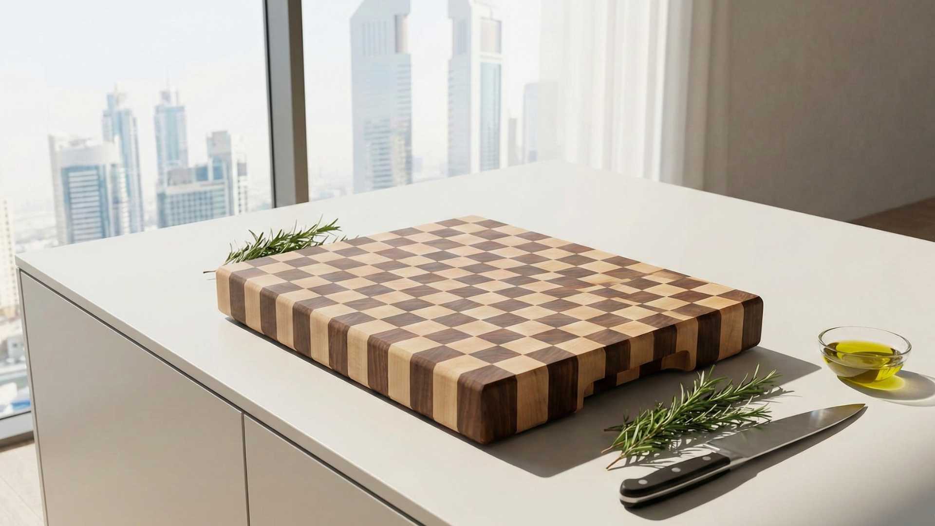 A premium, checkerboard-patterned end-grain cutting board made from walnut and maple wood, sitting on a modern kitchen counter with a chef's knife.
