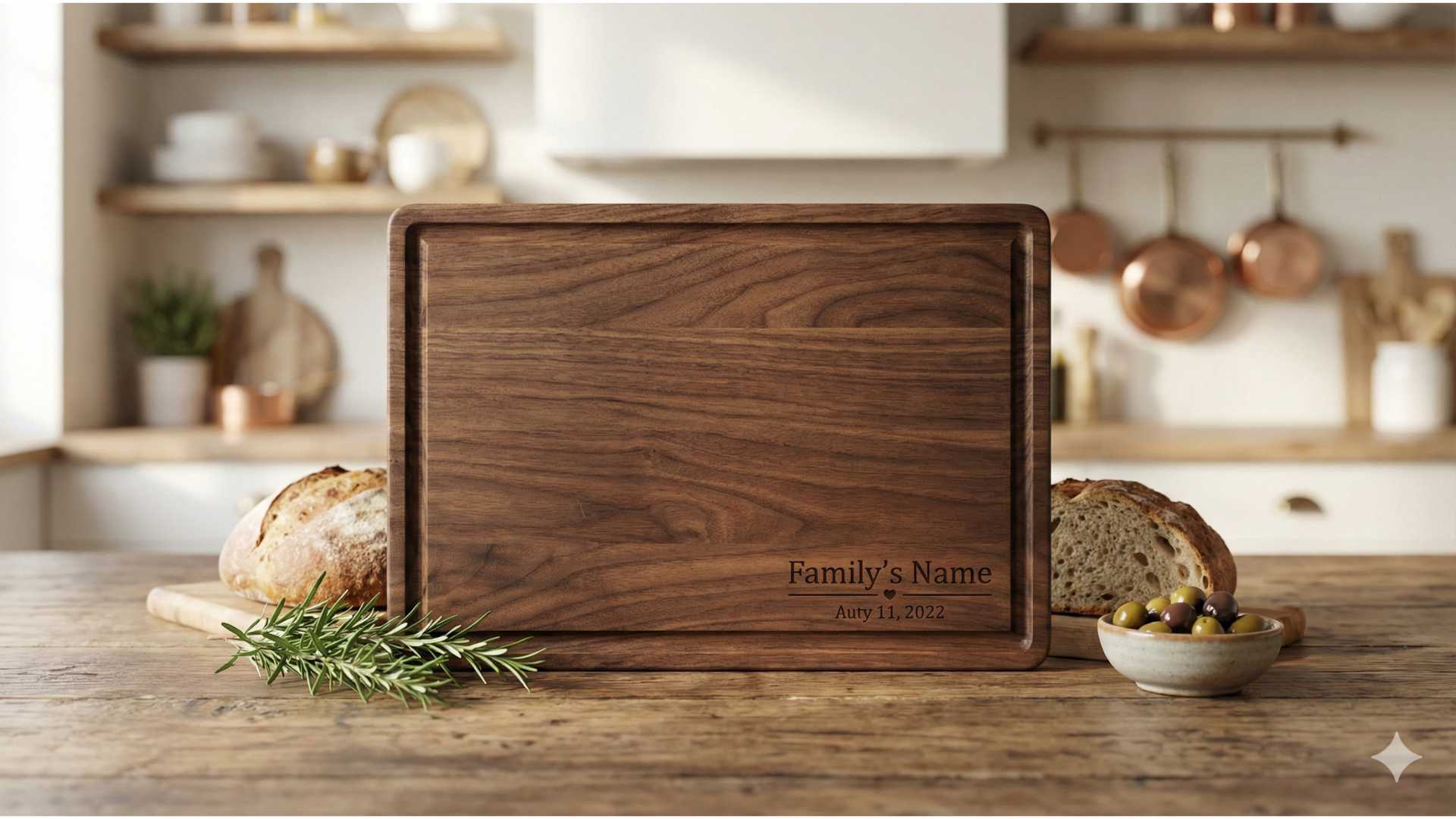 A large, dark walnut wooden cutting board engraved with a family name, placed on a rustic wooden table with a loaf of bread and a bowl of olives.