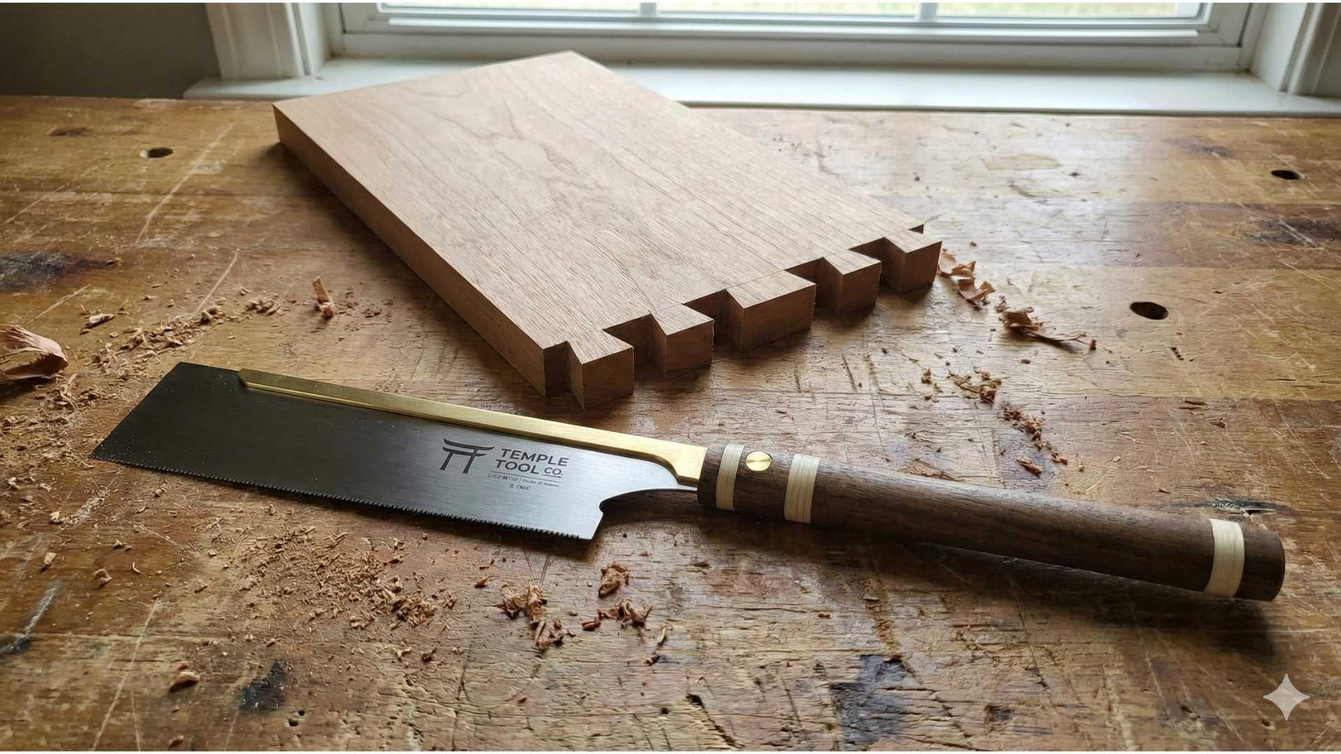 Japanese dozuki saw with wooden handle on workbench next to wood block with dovetail joints