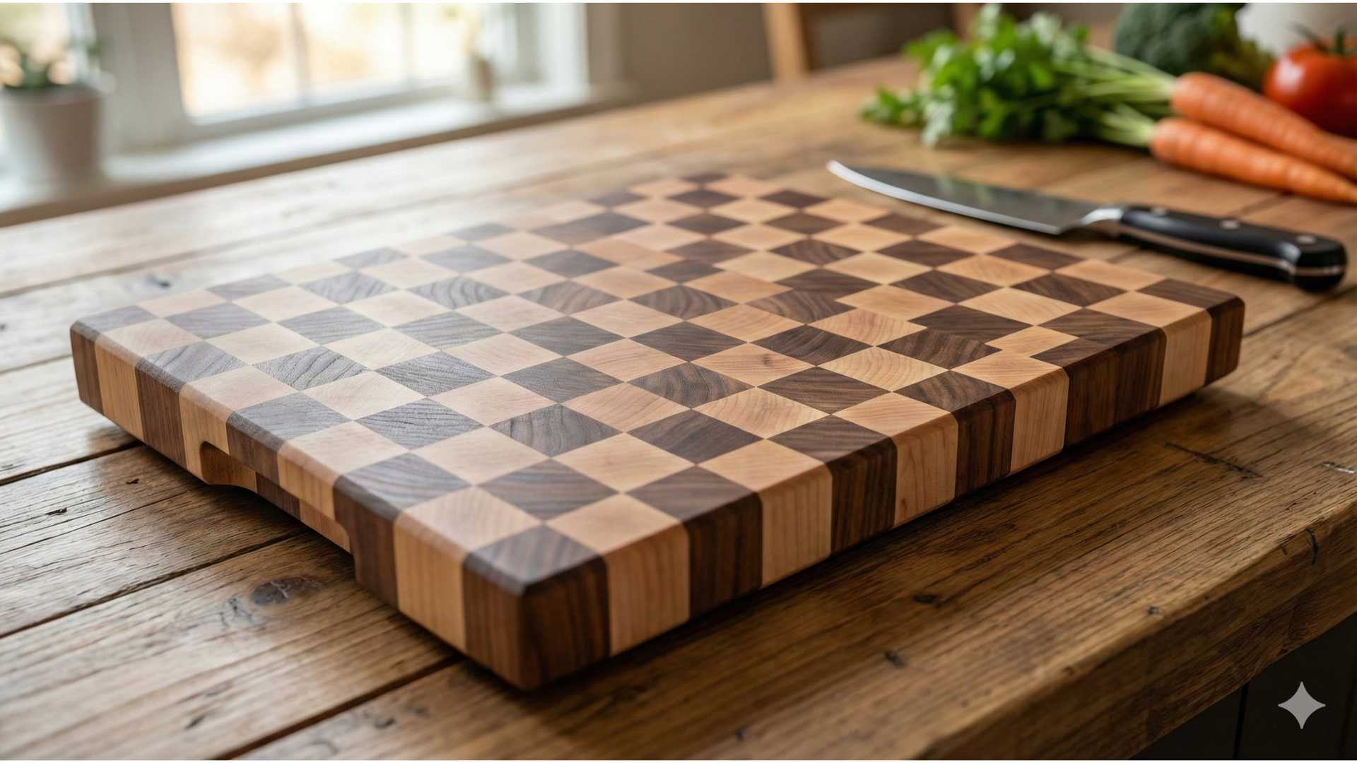 A large end grain cutting board with a checkerboard pattern made from walnut and maple wood, sitting on a kitchen island countertop