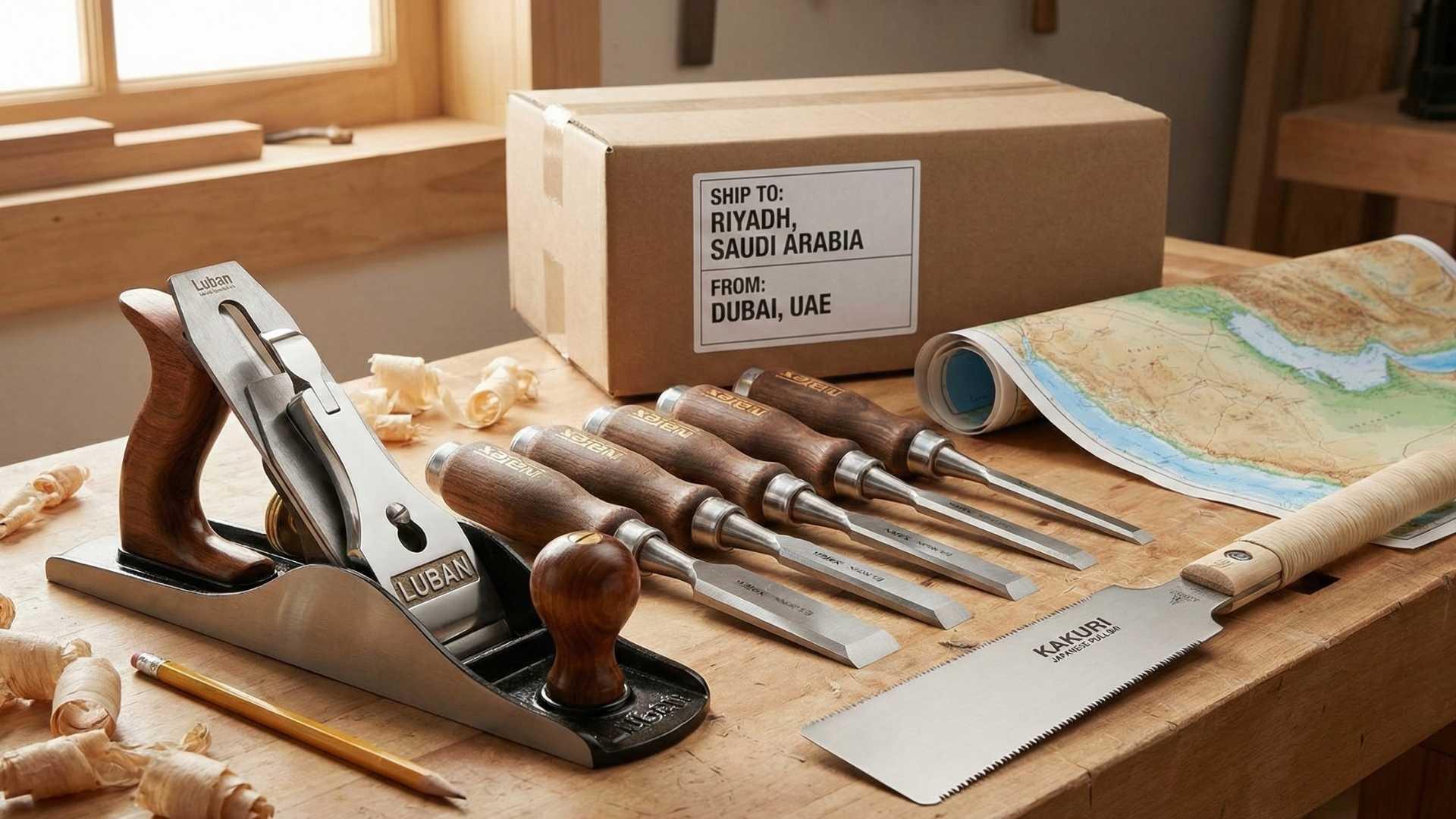 Premium woodworking tools including Luban hand plane, chisels, and Kakuri Japanese saw on wooden workbench with shipping box to Riyadh Saudi Arabia