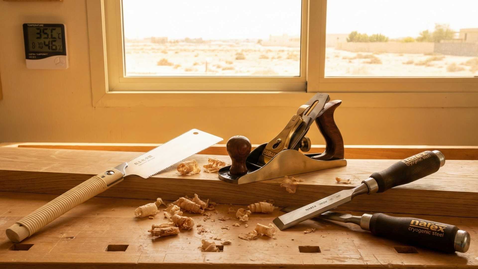 A woodworking workbench featuring a Japanese pull saw, a hand plane, and two Narex cryogenic steel chisels