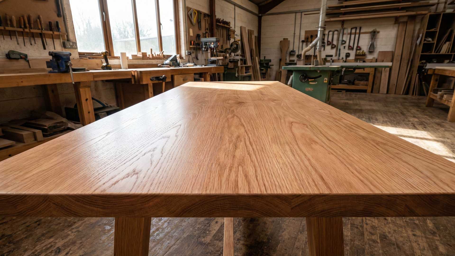 Red oak dining table with smooth finish in a traditional woodworking workshop with tools and benches