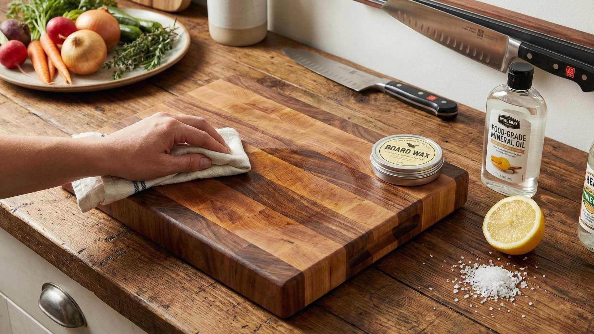 Hand applying board wax on wooden cutting board with mineral oil, knife, lemon, and vegetables nearby