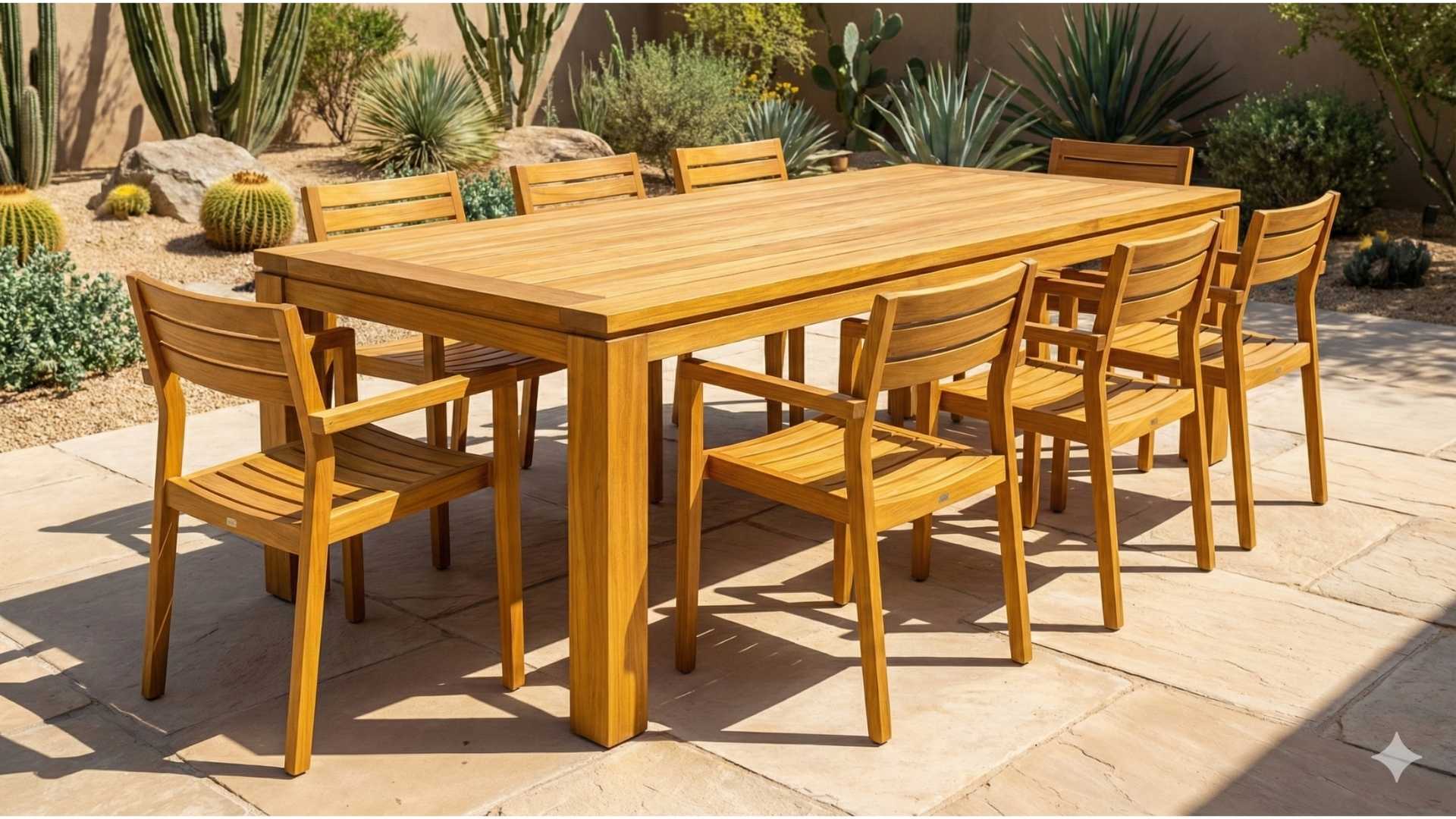 Sustainable Iroko wood outdoor dining table with eight matching chairs on stone patio in desert garden