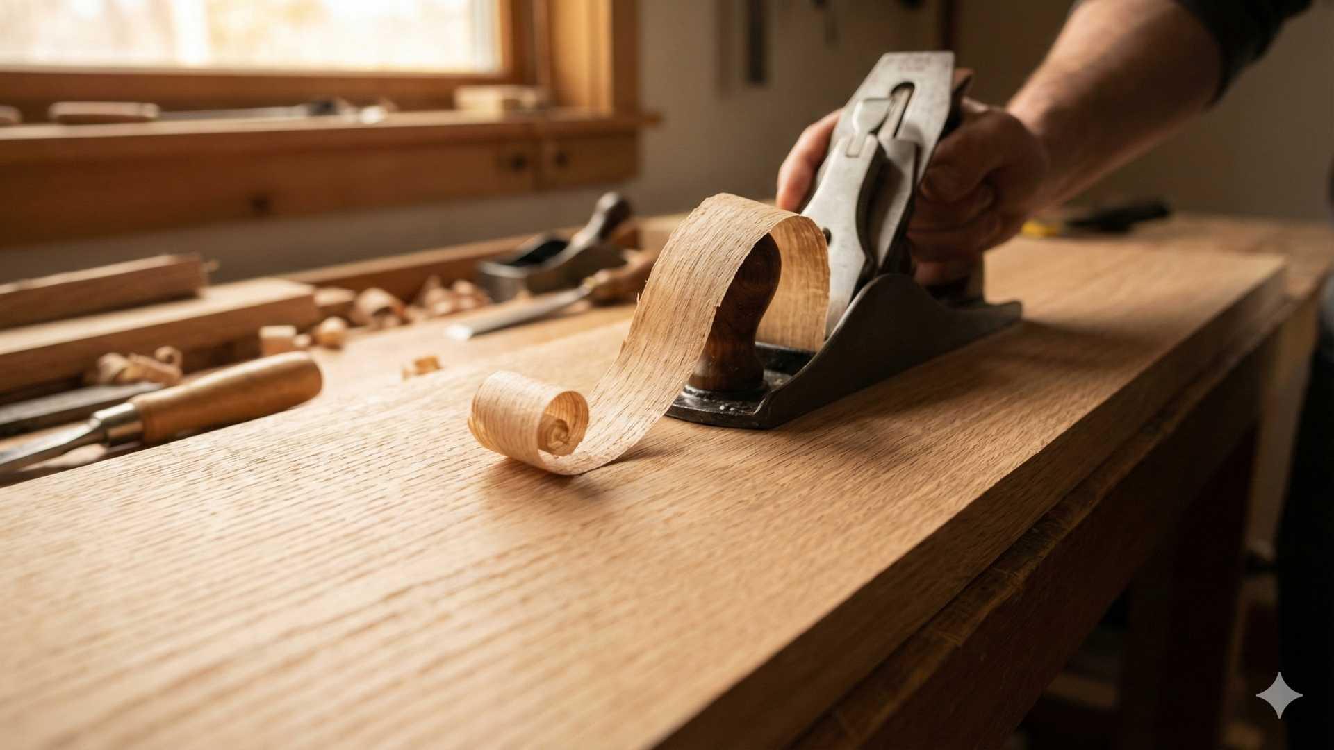 Hand using a woodworking hand plane tool to create thin wood shavings on an oak board in a workshop