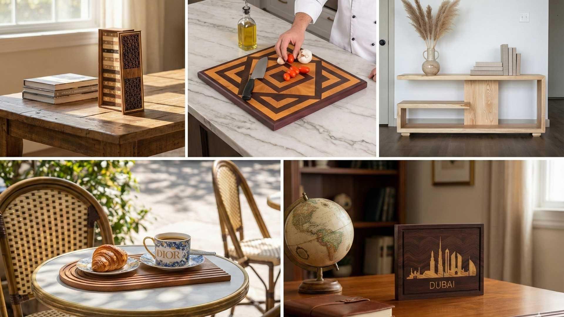 Collage of handcrafted wooden items including carved box, geometric cutting board, modern shelf, coffee tray with cup and croissant, and Dubai skyline artwork