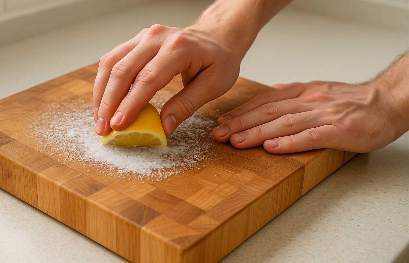 Hands cleaning wooden cutting board using lemon half and salt for natural sanitizing