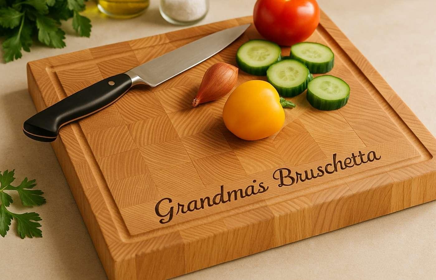 Personalized end-grain cutting board engraved with “Grandma’s Bruschetta,” topped with a knife, cucumber slices, and fresh vegetables.