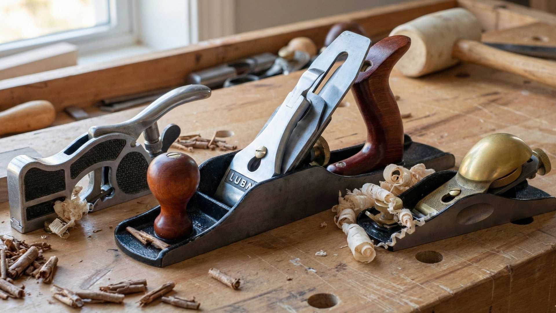 Selection of Luban hand planes arranged on a woodworking bench