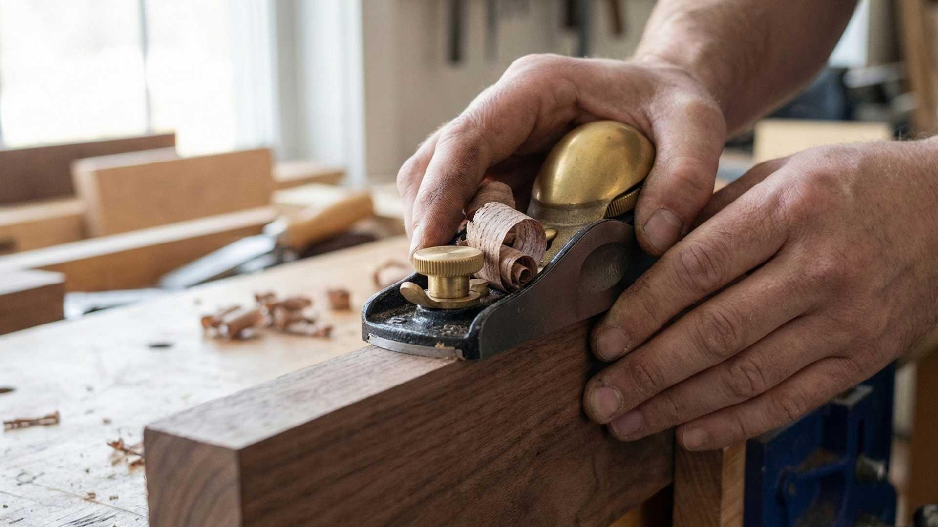 Close-up of hands using Luban low-angle block plane woodworking tool to shave wood on workbench