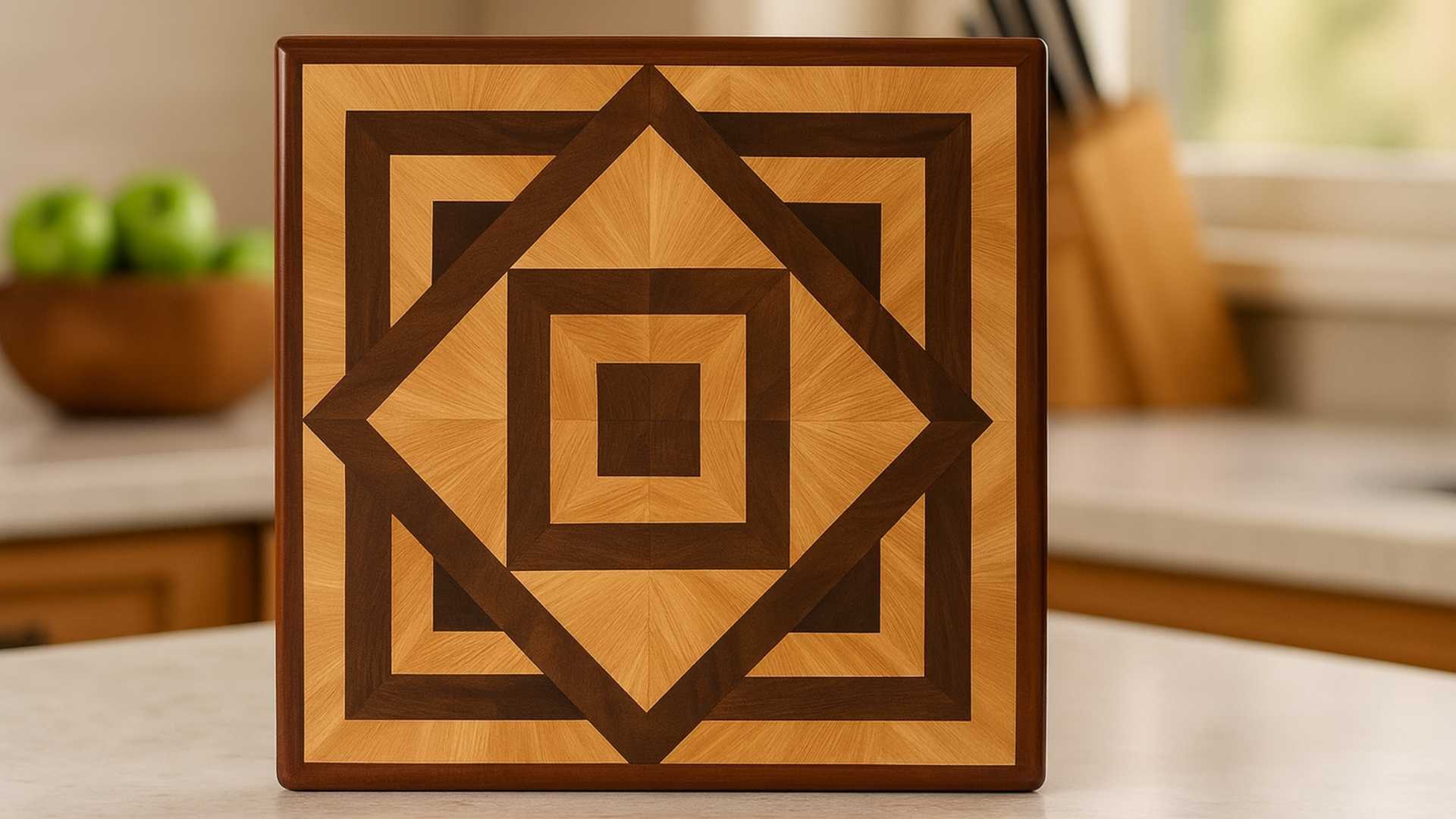 Square end grain cutting board with geometric wood pattern on kitchen countertop