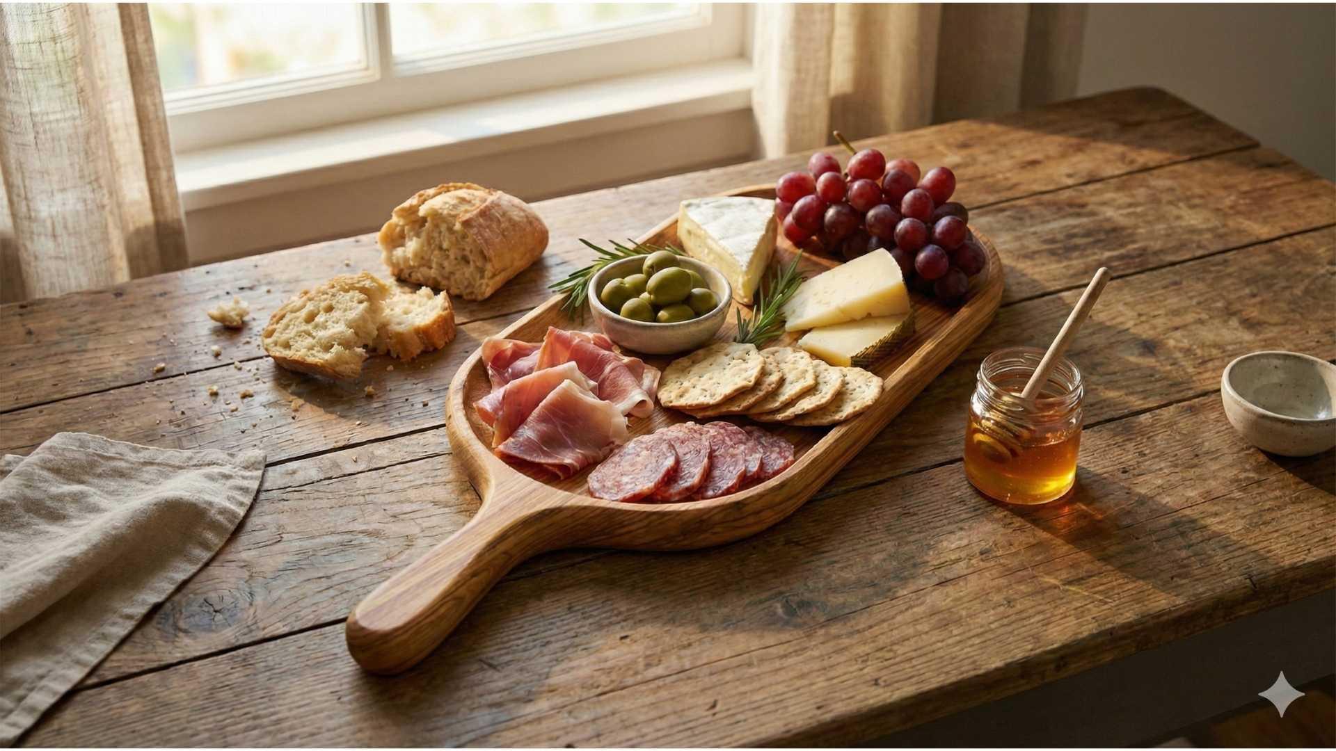 Handcrafted wooden serving board with assorted cheese, grapes, olives, cured meats, crackers, and bread on rustic table