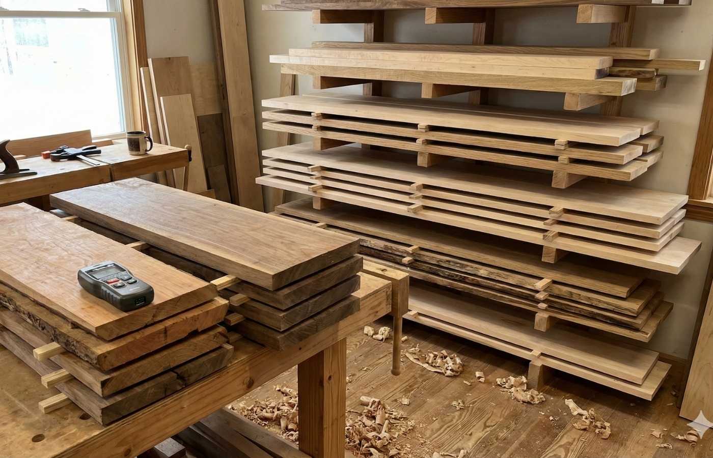A stack of wood planks acclimating in the workshop