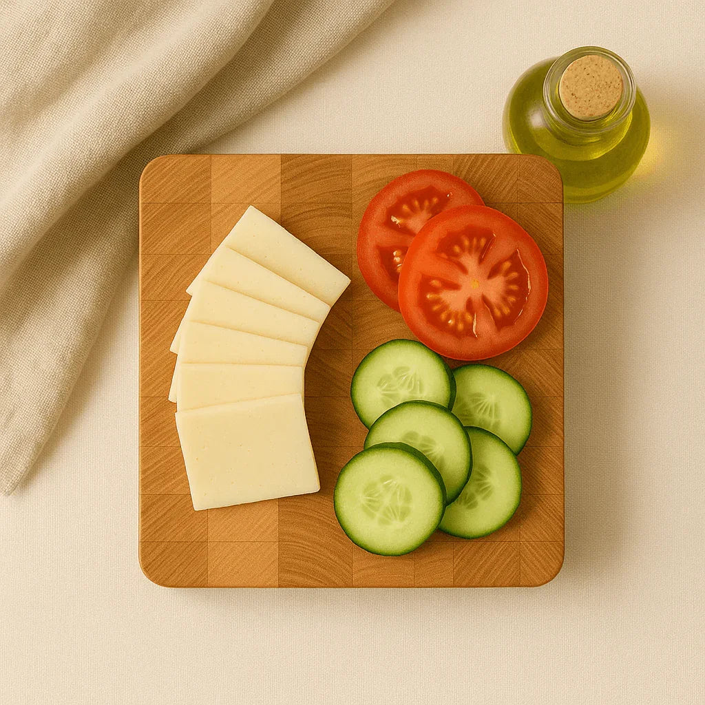 Artisanal wooden cutting board with sliced cheese, tomato, cucumber, and a small olive oil bottle on beige fabric