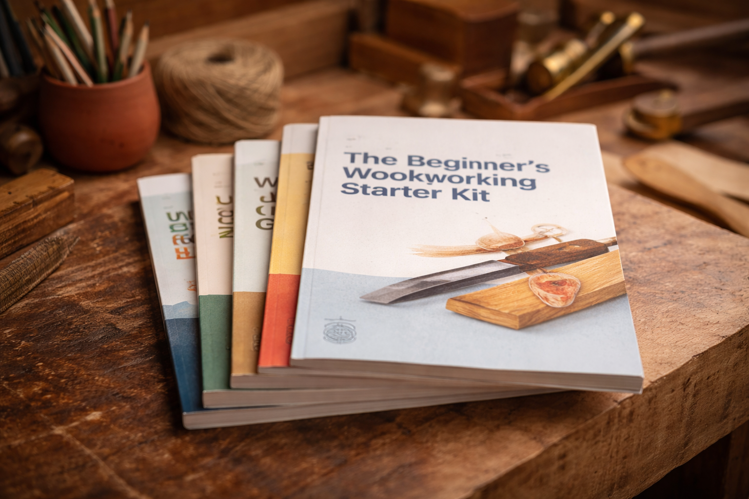 Set of woodworking project books including The Beginner's Woodworking Starter Kit on rustic wooden table with tools