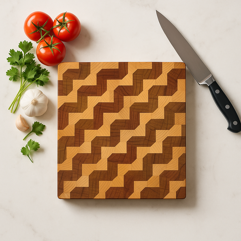 elegant 3d cutting board top view in kitchen environment with knife and vegetables