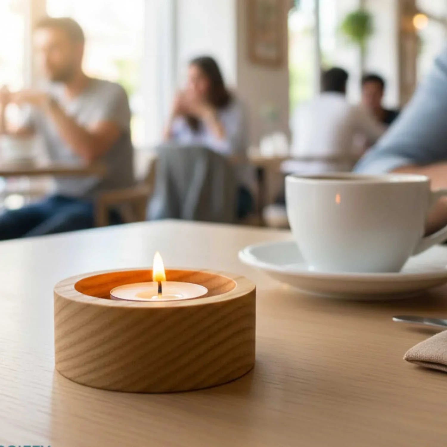Lit tea light candle in round wooden holder on table beside white coffee cup in cafe setting