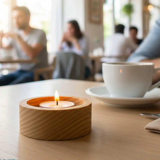 Lit tea light candle in round wooden holder on table beside white coffee cup in cafe setting