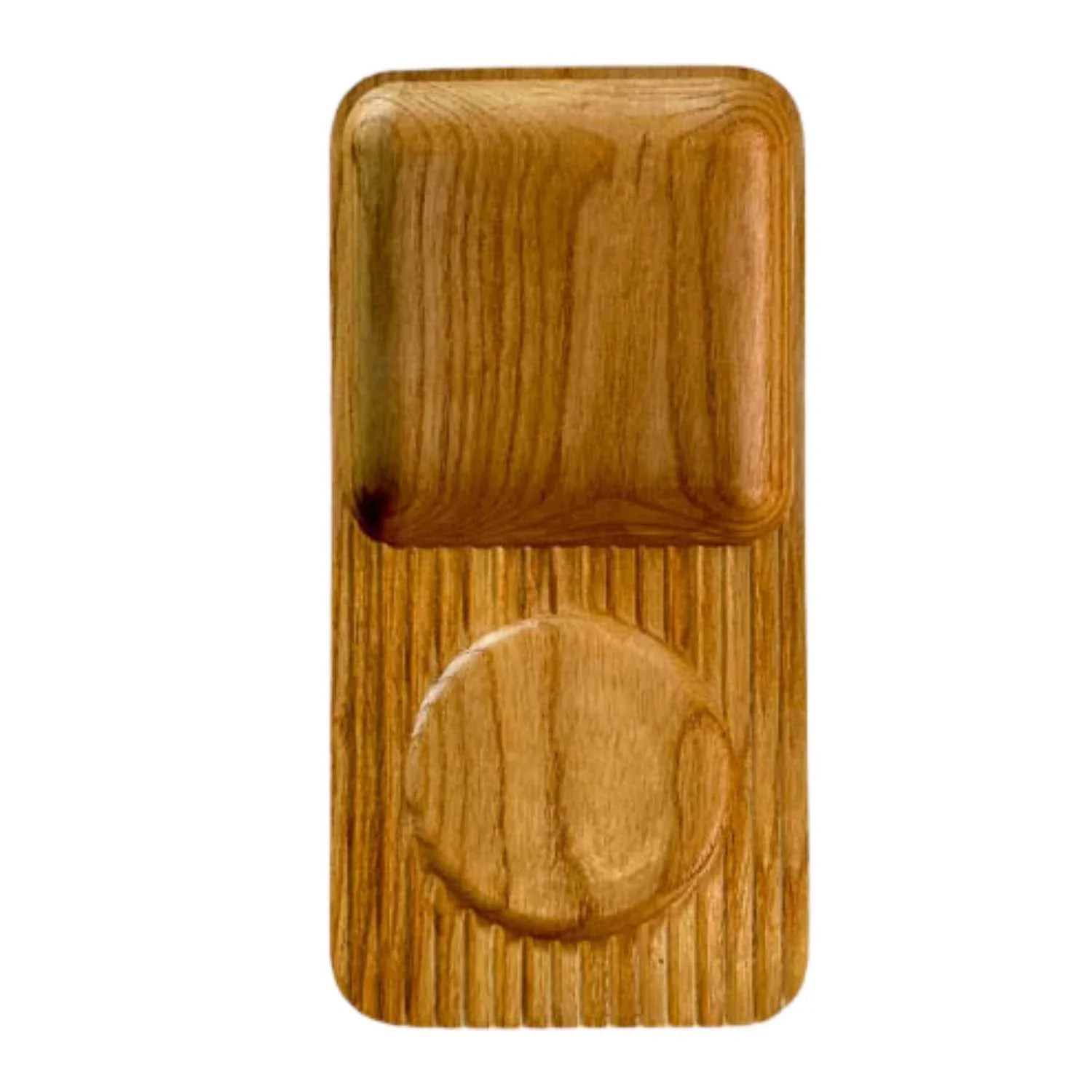 Ashwood cocktail snack tray with square and round recessed sections in wood grain finish