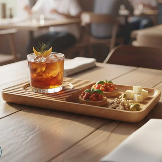 Wooden Ashwood cocktail snack tray holding an iced cocktail with garnish, bruschetta, cheese cubes, and nuts