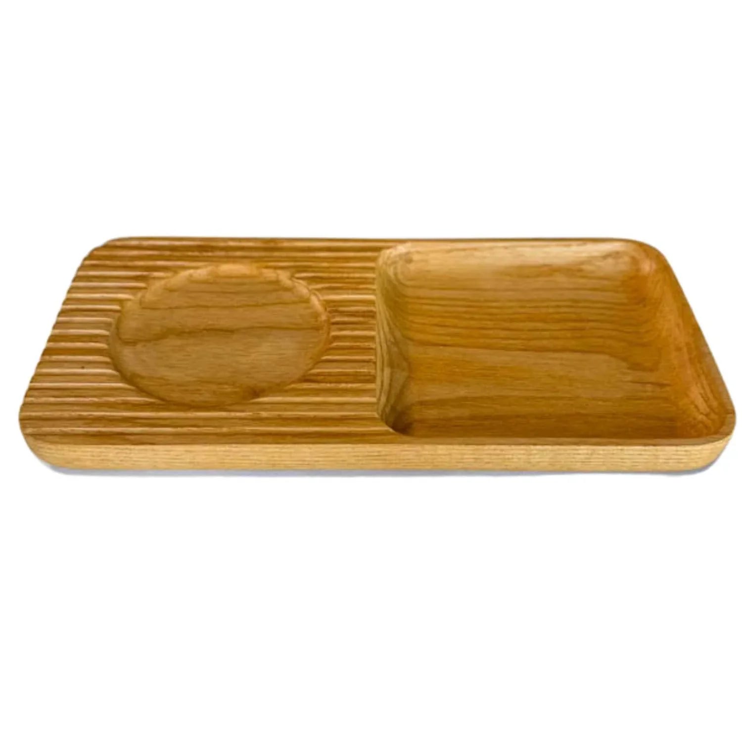 Ash wood cocktail snack tray with lg circle and rectangular compartments for snacks and drinks