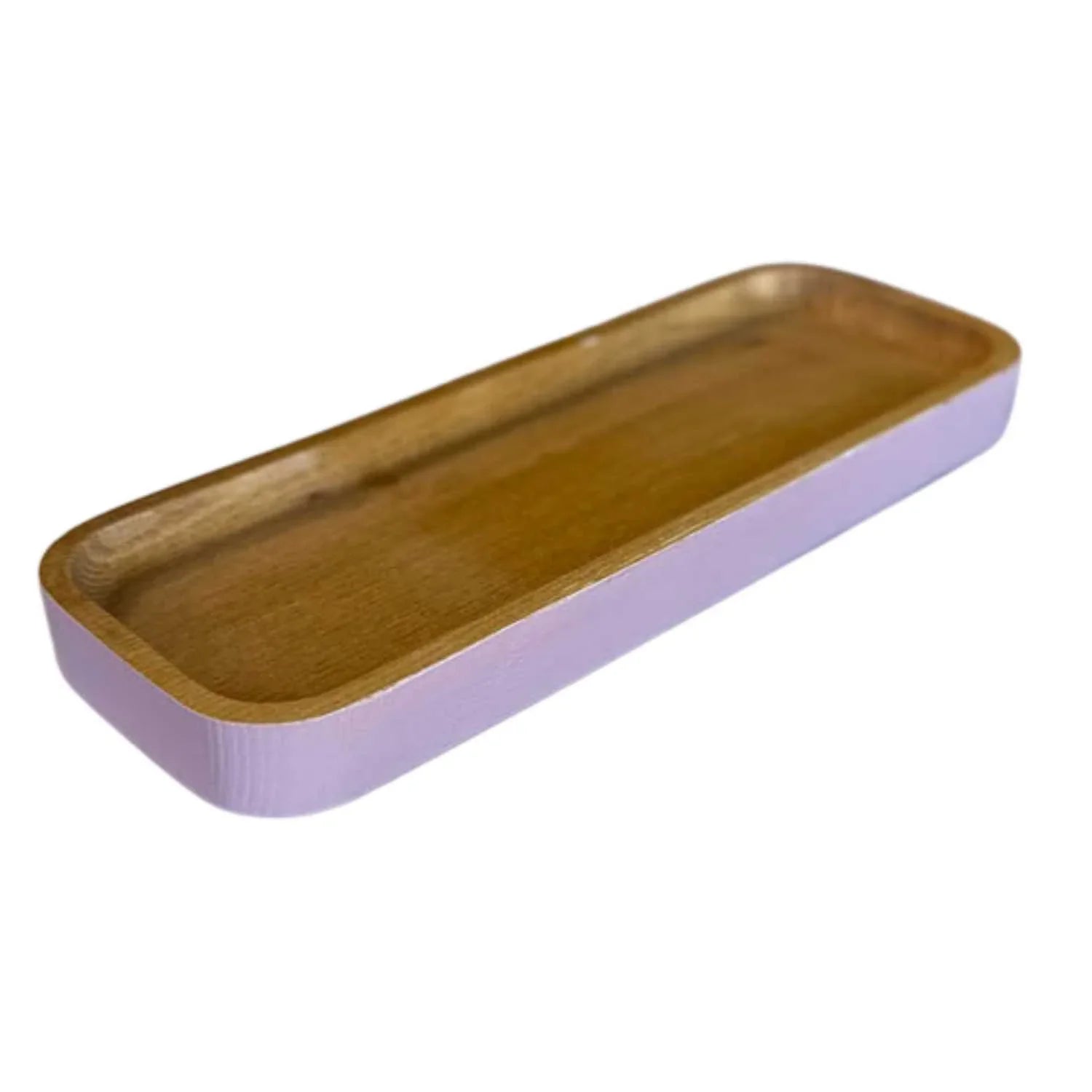 Rectangular wood cutlery rest tray with light purple painted sides