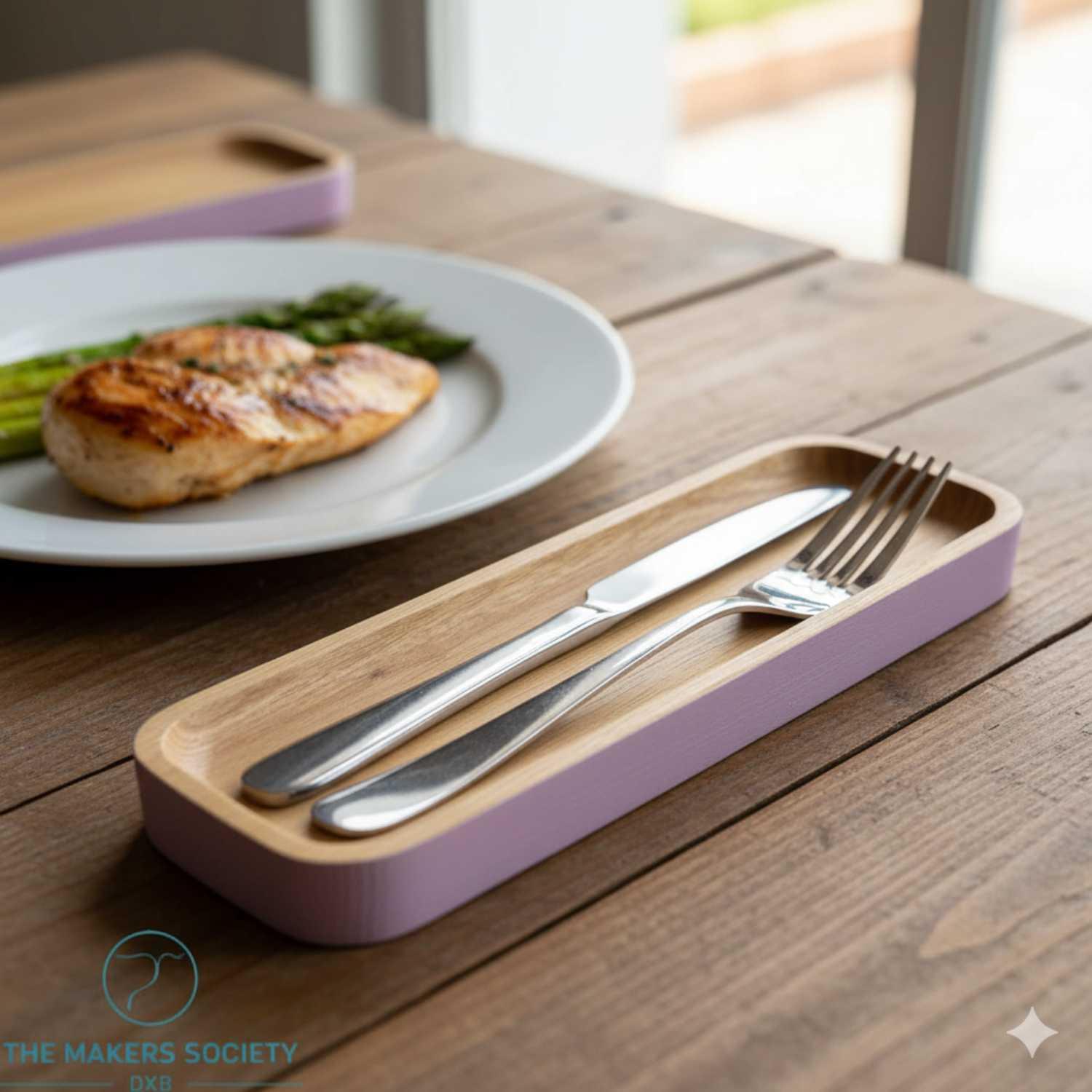 Ashwood cutlery rest with stainless steel knife and fork on wooden table next to plate with grilled chicken and asparagus