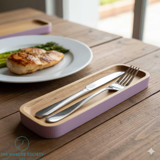 Ashwood cutlery rest with stainless steel knife and fork on wooden table next to plate with grilled chicken and asparagus