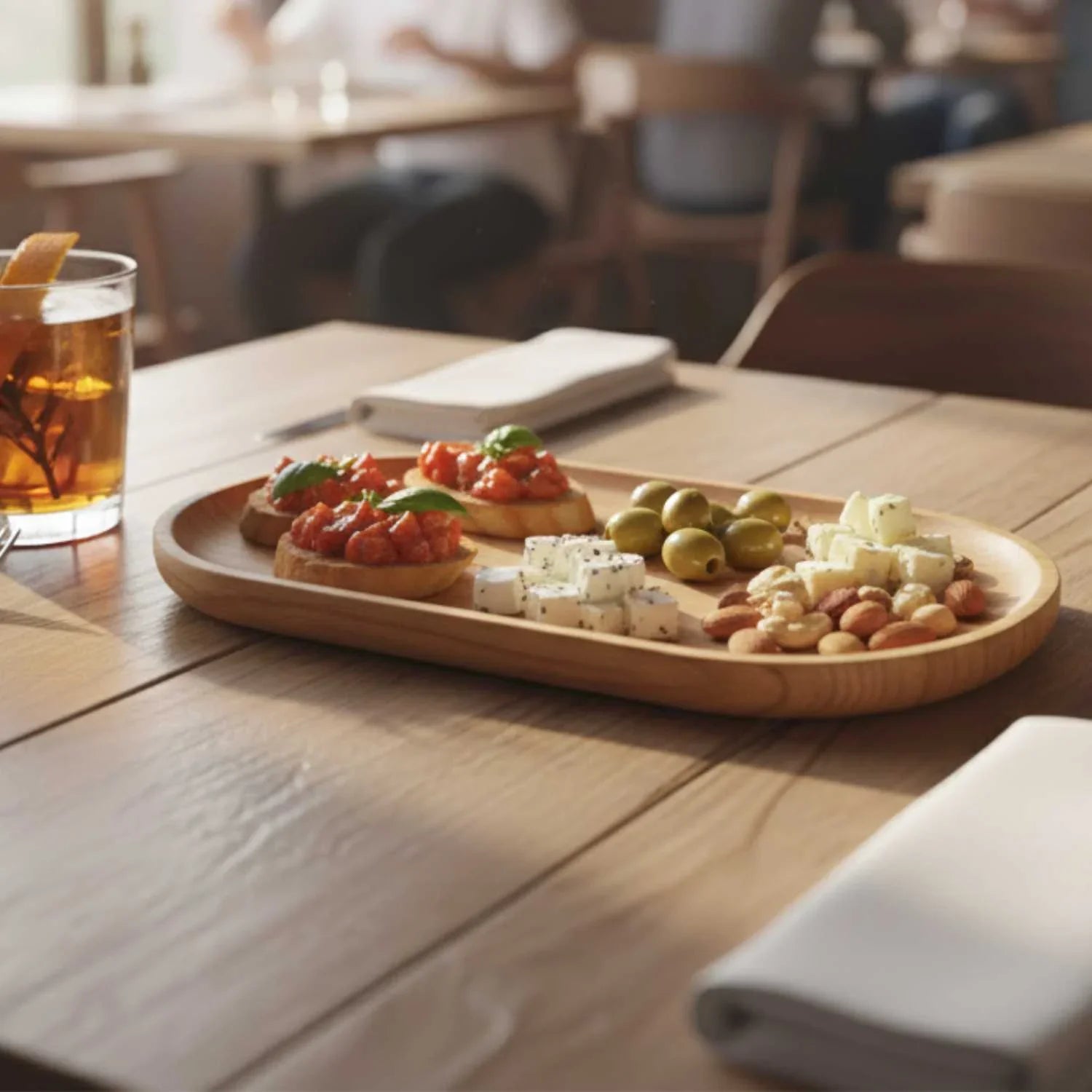 Ash wood oval serving tray with bruschetta, cheese cubes, olives, and mixed nuts on wooden table