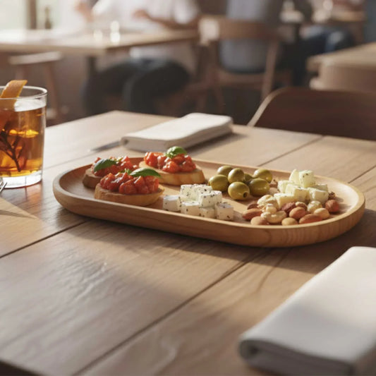 Ash wood oval serving tray with bruschetta, cheese cubes, olives, and mixed nuts on wooden table