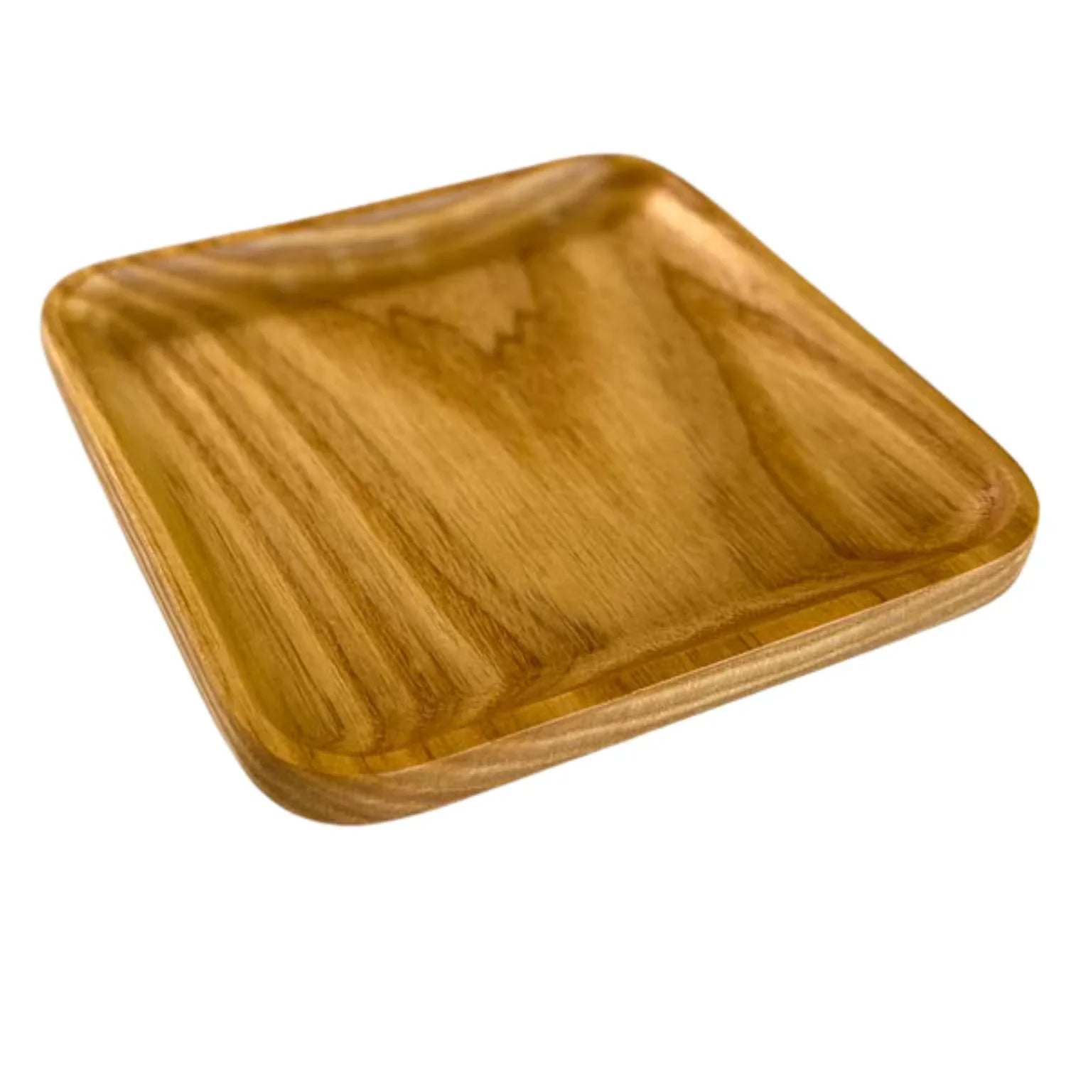 Square wooden serving plate with rounded edges and natural wood grain finish