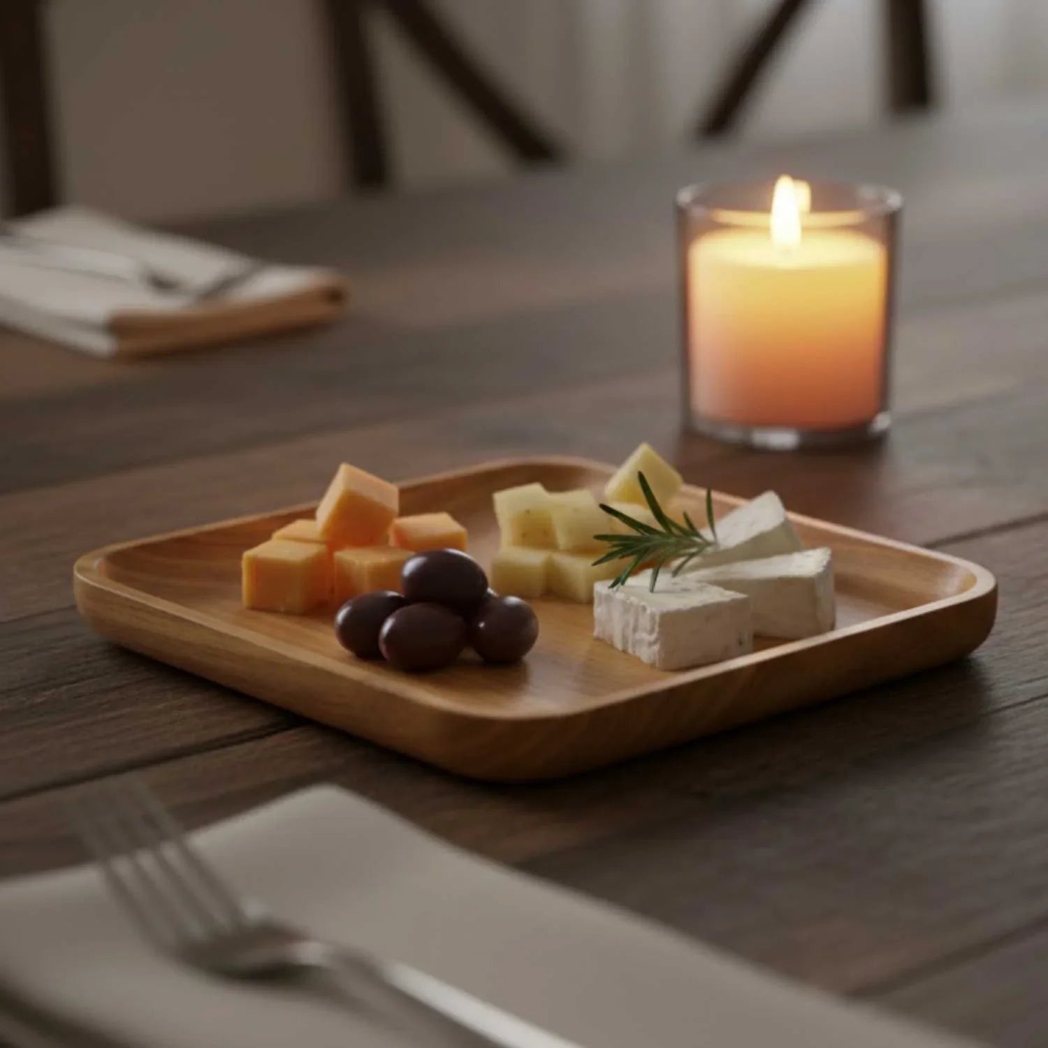 Ash wood square serving plate with cheese cubes, grapes, brie, and rosemary on wooden table