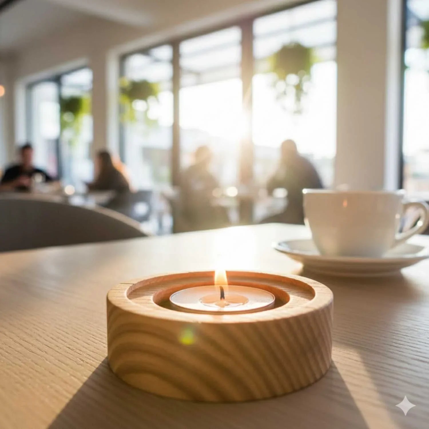 Ashwood tealight candle holder with recessed rim holding a lit candle on a wooden table in a bright cafe