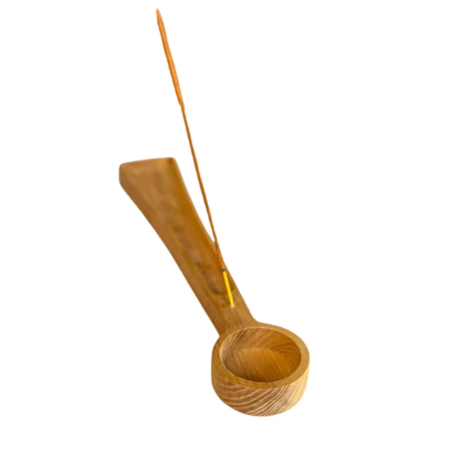 Hand-carved wooden tealight candle holder with incense stick on white background