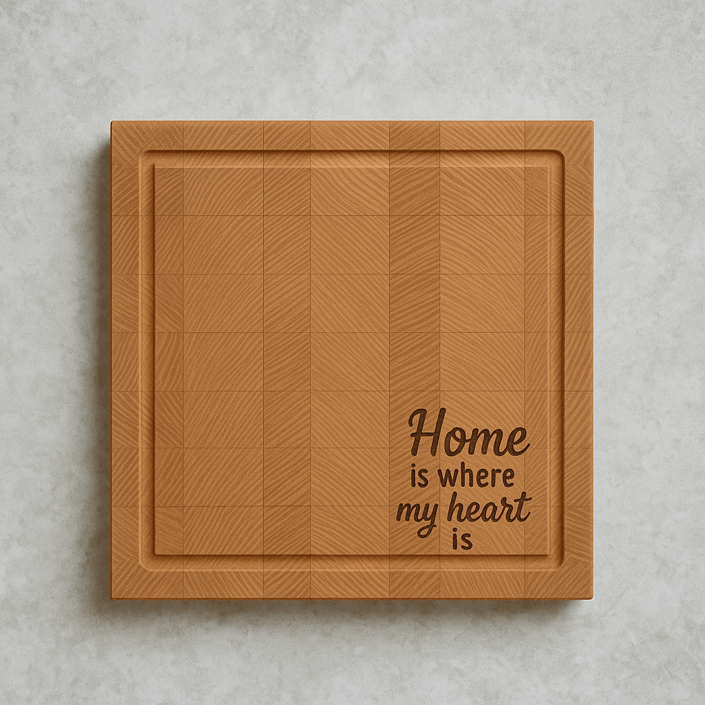 End grain beechwood cutting board with laser engraving sitting on a kitchen table top made by The Makers Society Dubai