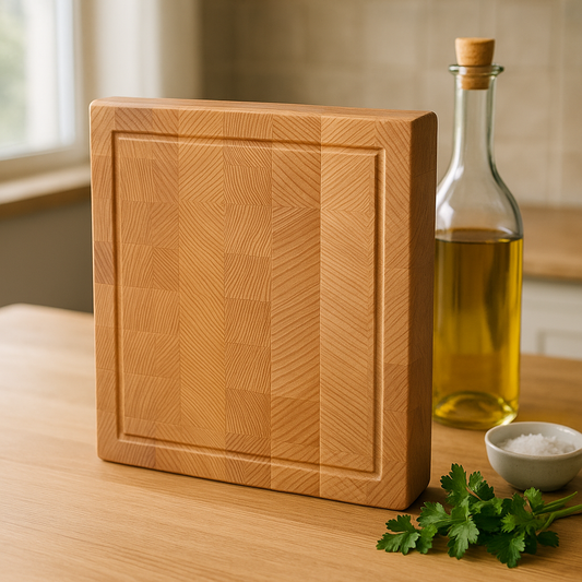 End grain beechwood cutting board sitting on a kitchen table top made by The Makers Society Dubai