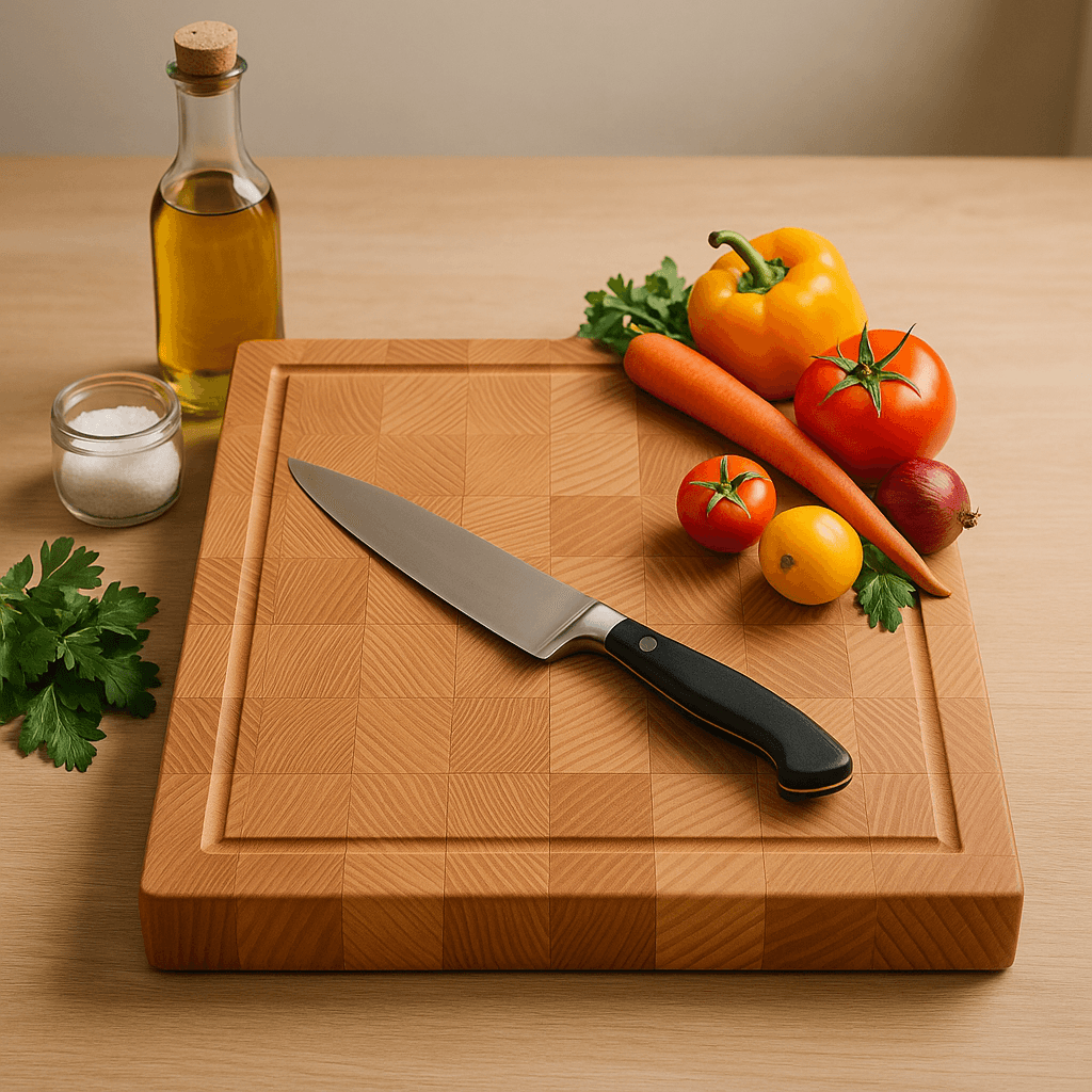 End grain beechwood cutting board sitting on a kitchen table top with fresh vegetables made by The Makers Society Dubai