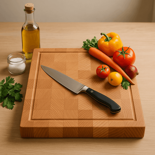 End grain beechwood cutting board sitting on a kitchen table top with fresh vegetables made by The Makers Society Dubai