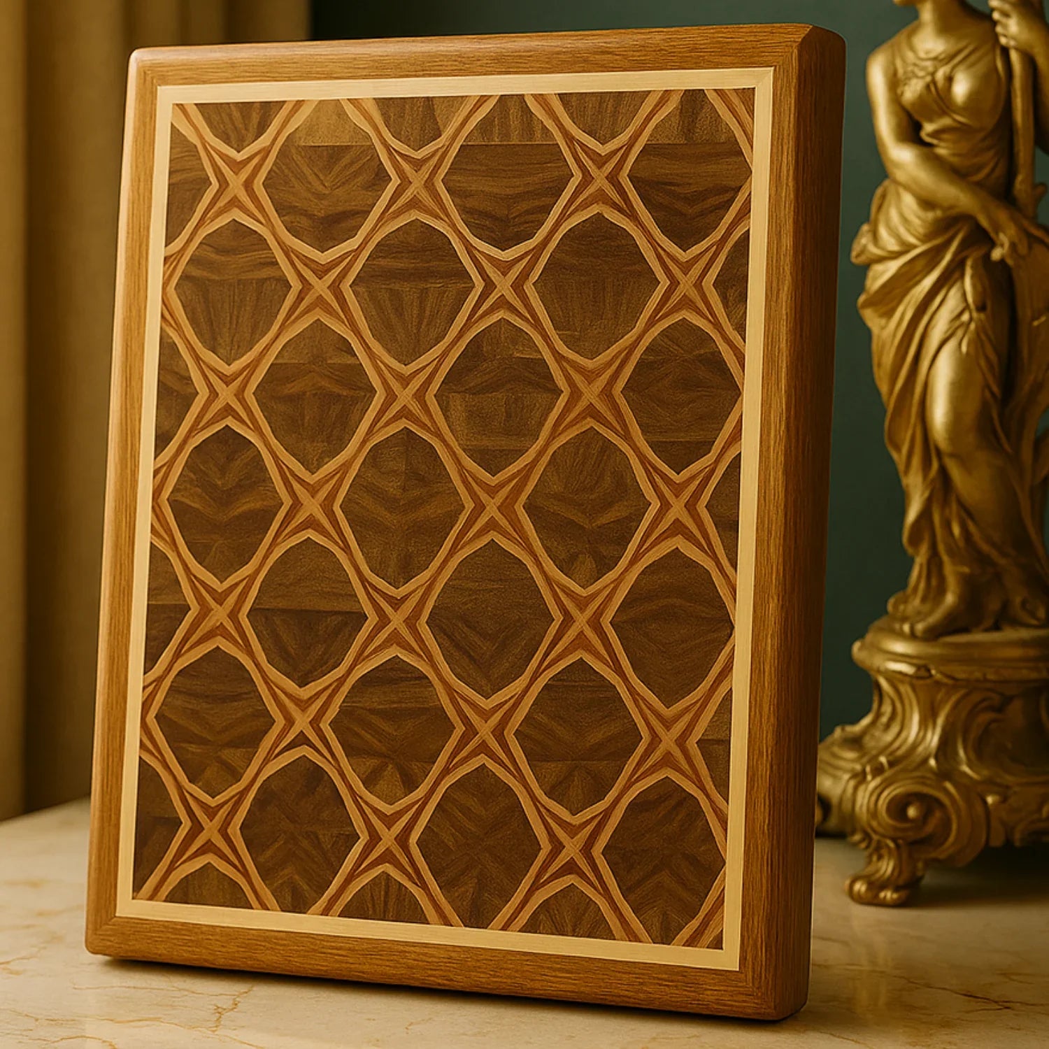 Intricately patterned wooden cutting board with geometric inlay design displayed on marble surface