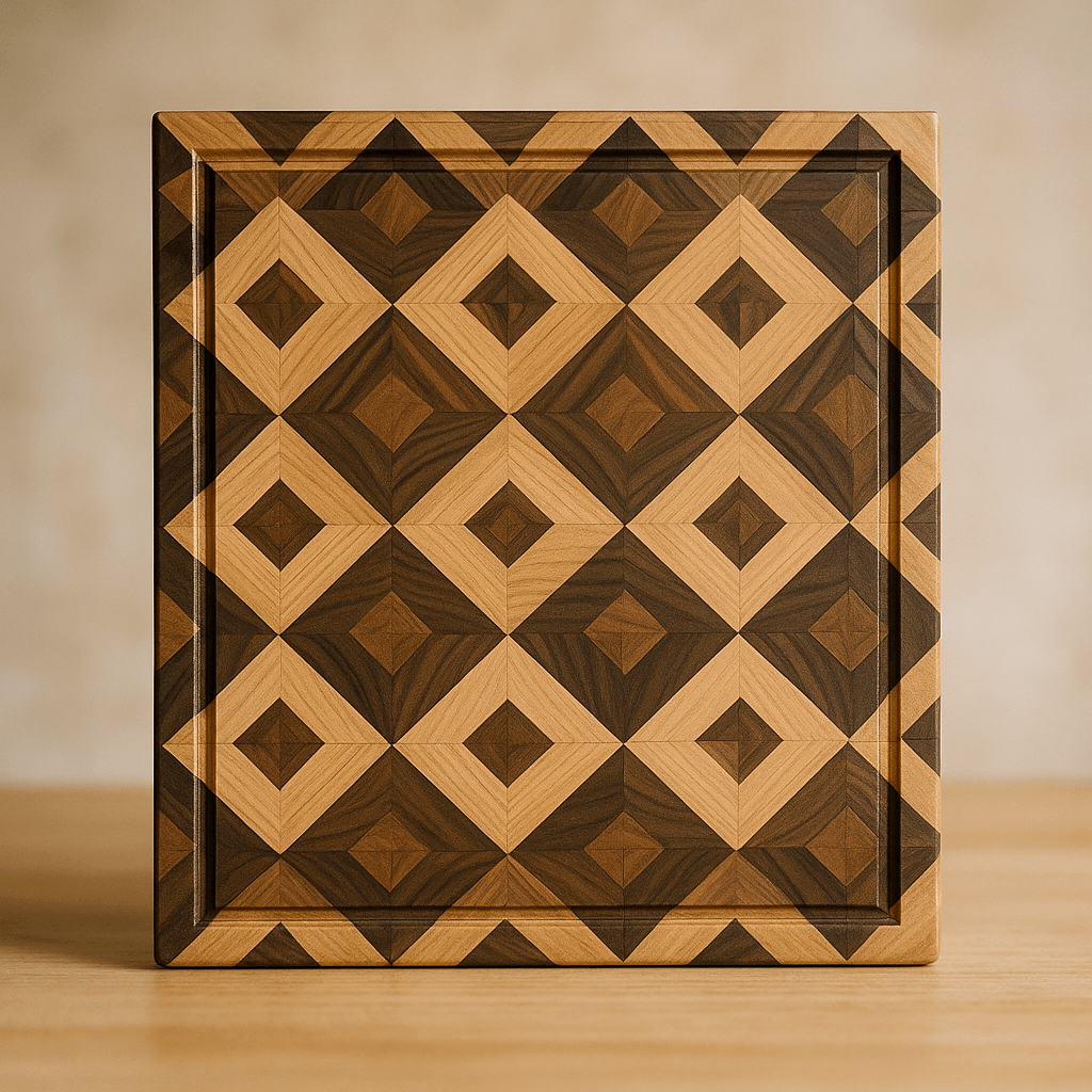 Elegant end grain diamond pattern cutting board made with maple, walnut and cherry at The Makers Society Dubai