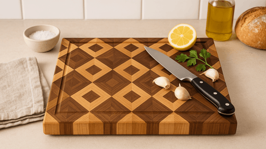 Elegant end grain diamond pattern cutting board in a kitchen environment with chef knife and olive oil, made with maple, walnut and cherry at The Makers Society Dubai