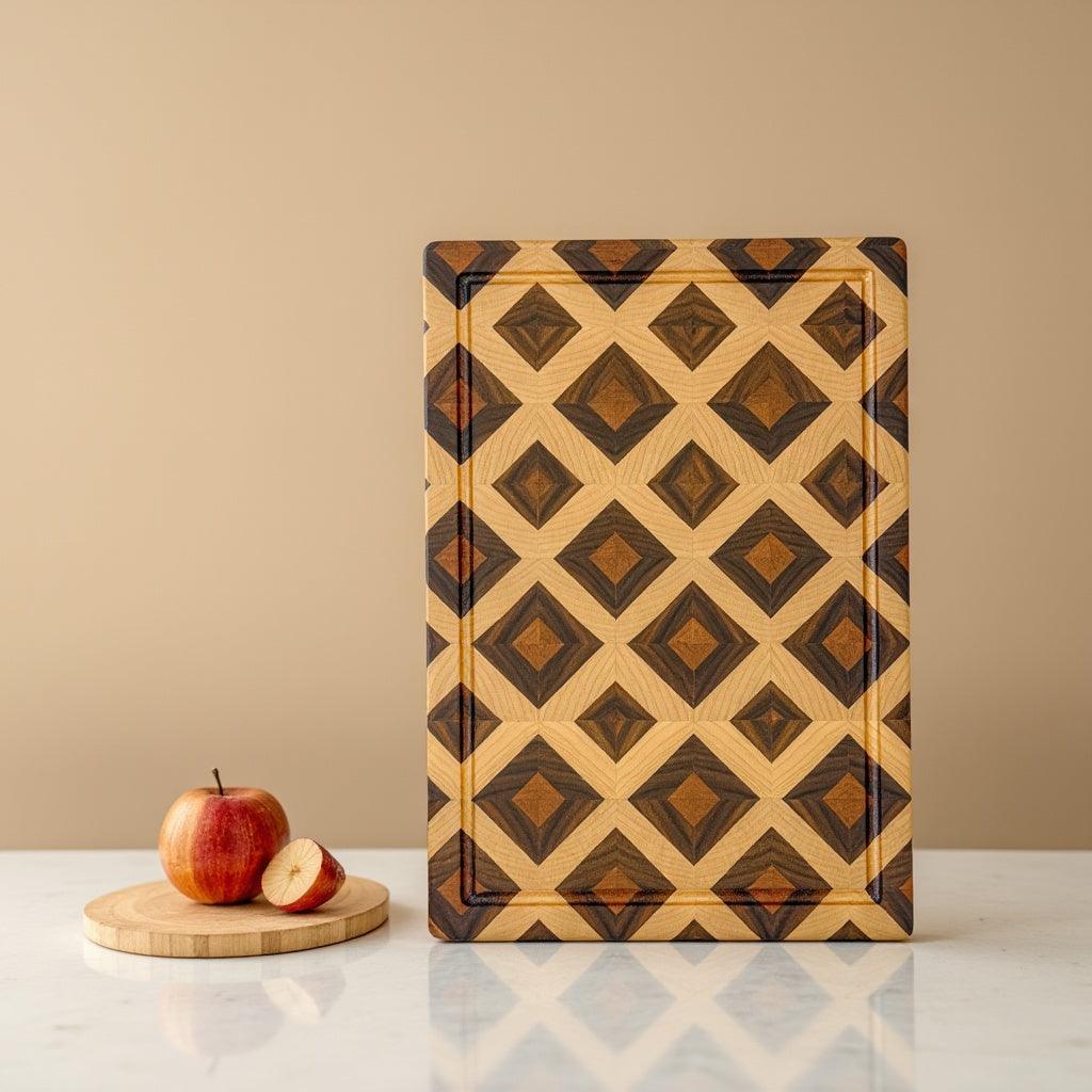 Elegant end grain diamond cutting board platter size made with walnut, maple and cherry at The Makers Society Dubai